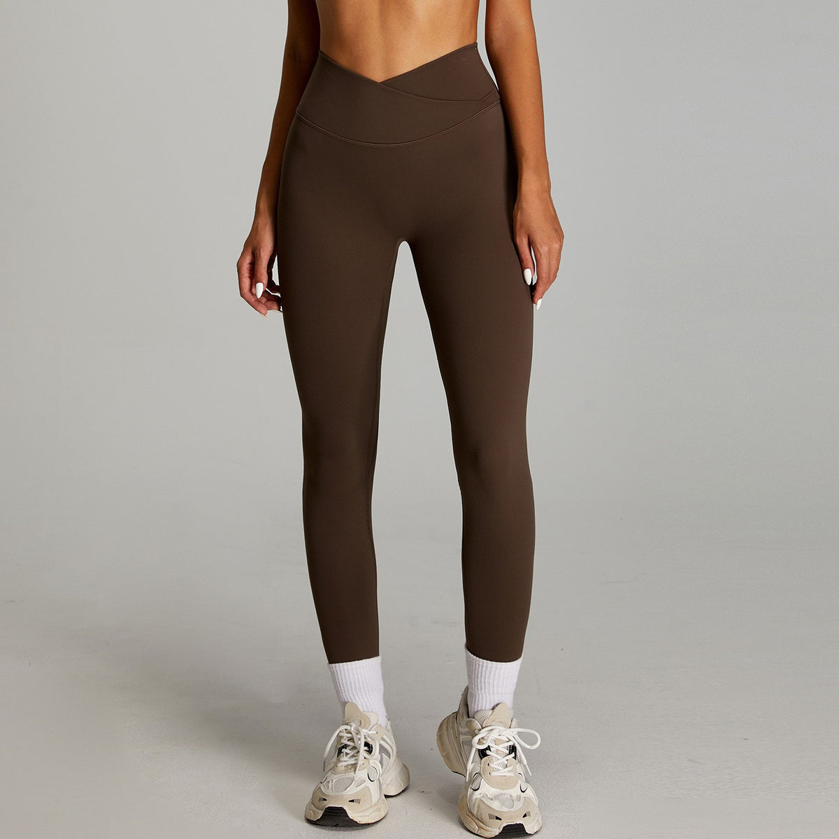 Brushed Crossover Waist Full Length Yoga Leggings - Dark Brown