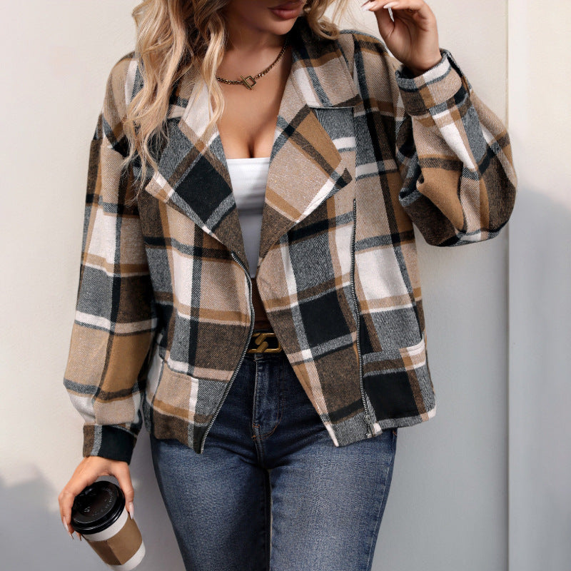 Brushed Plaid Zip Front Cropped Jacket - Khaki
