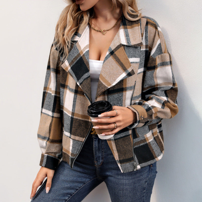 Brushed Plaid Zip Front Cropped Jacket - Khaki - 3