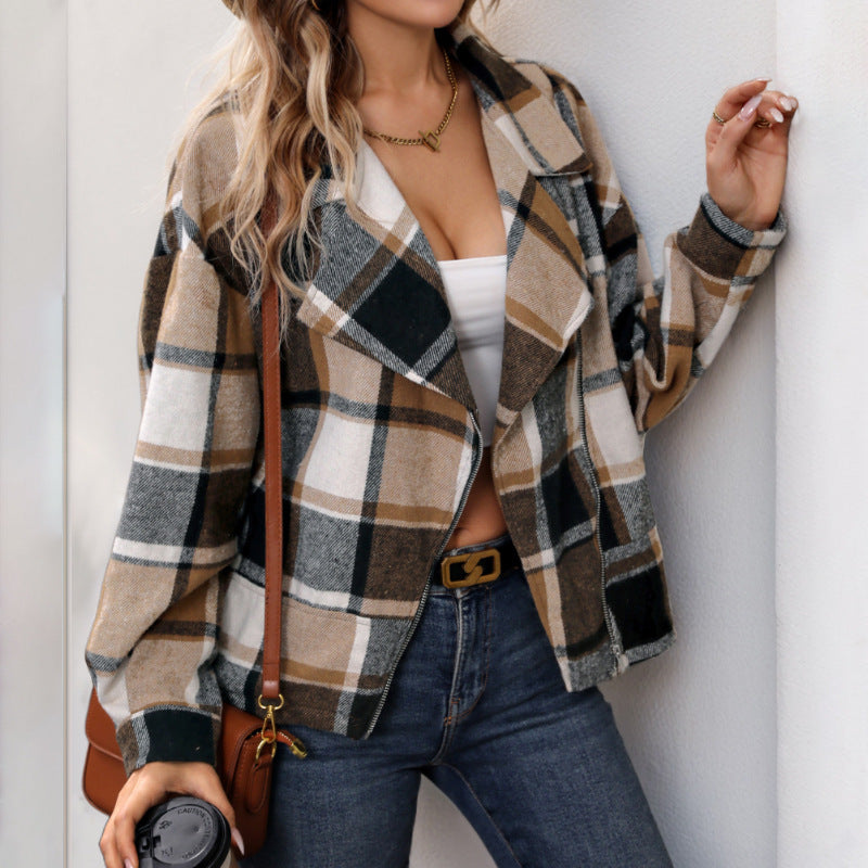 Brushed Plaid Zip Front Cropped Jacket - Khaki - 4