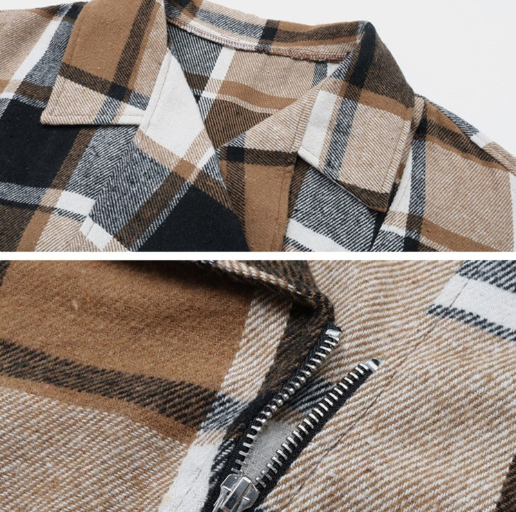 Brushed Plaid Zip Front Cropped Jacket - Khaki - 5