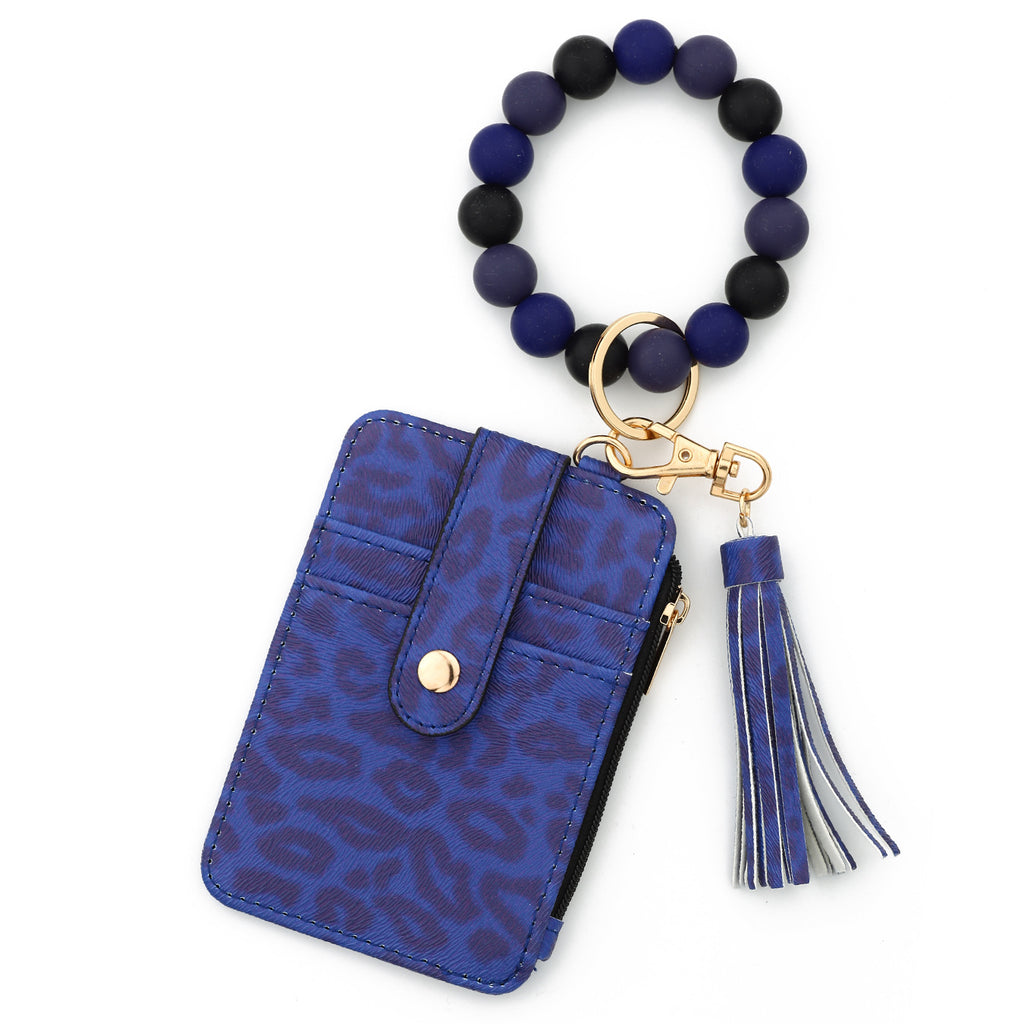 Leopard Beaded Wristlet Keychain Card Holder - Blue