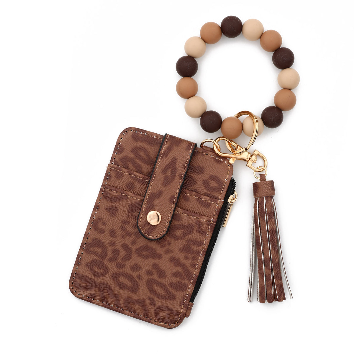 Leopard Beaded Wristlet Keychain Card Holder - Brown