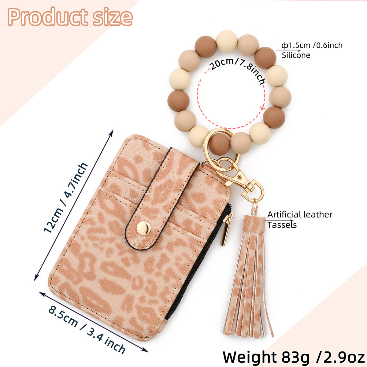 Leopard Beaded Wristlet Keychain Card Holder - Khaki