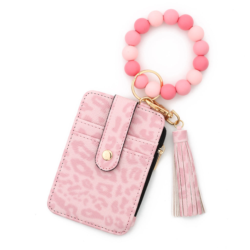 Leopard Beaded Wristlet Keychain Card Holder - Pink