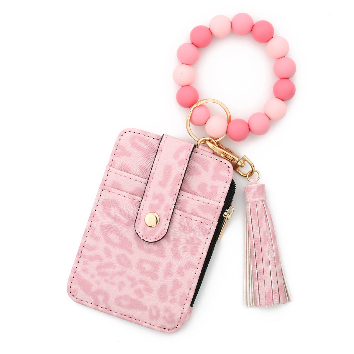 Leopard Beaded Wristlet Keychain Card Holder - Pink