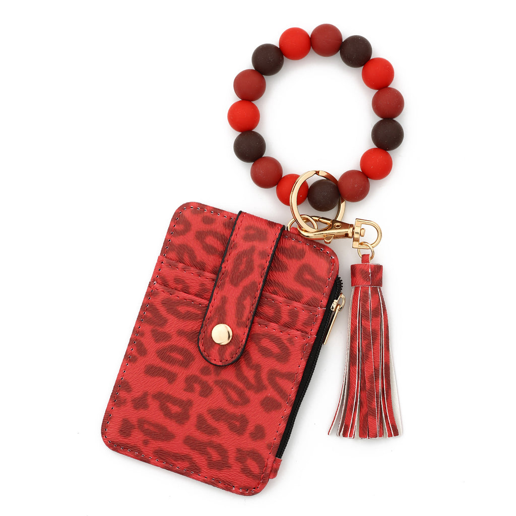 Leopard Beaded Wristlet Keychain Card Holder - Red