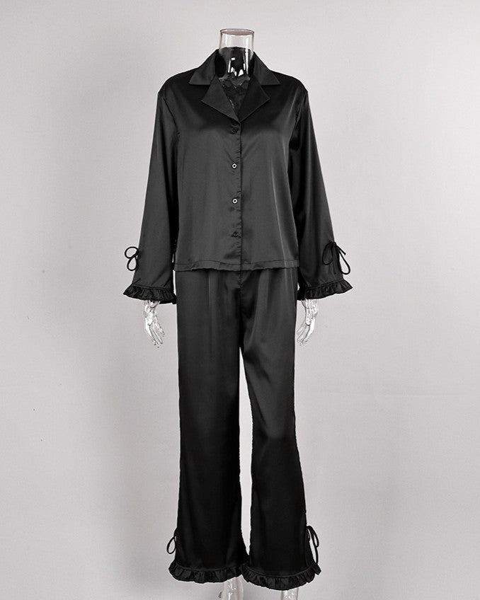 Satin Ruffle Cuff Pajama Set With Bow Ties - Black