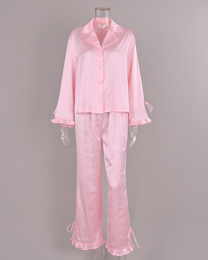 Satin Ruffle Cuff Pajama Set With Bow Ties - Pink