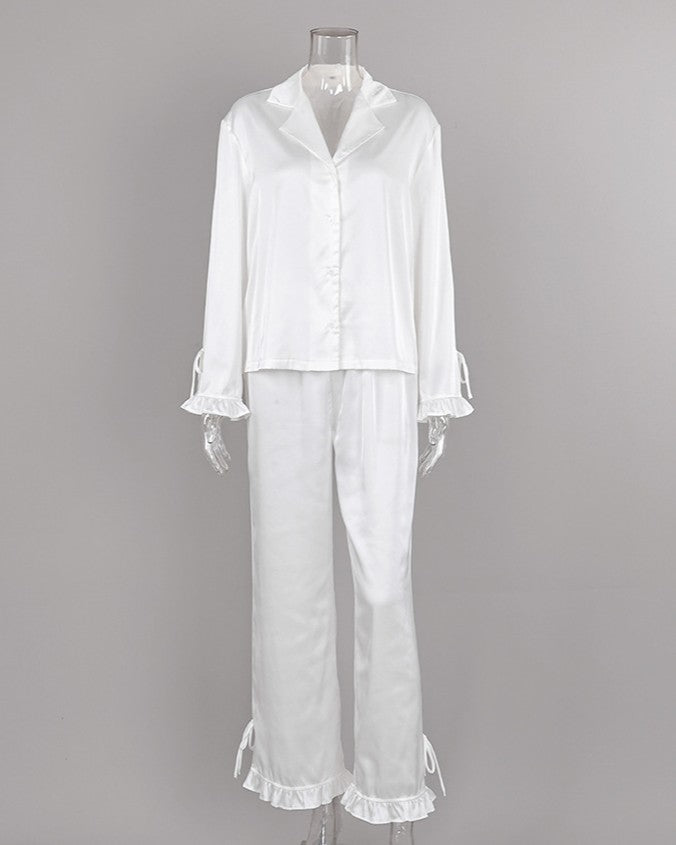 Satin Ruffle Cuff Pajama Set With Bow Ties - White