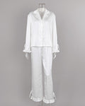 Satin Ruffle Cuff Pajama Set With Bow Ties - White