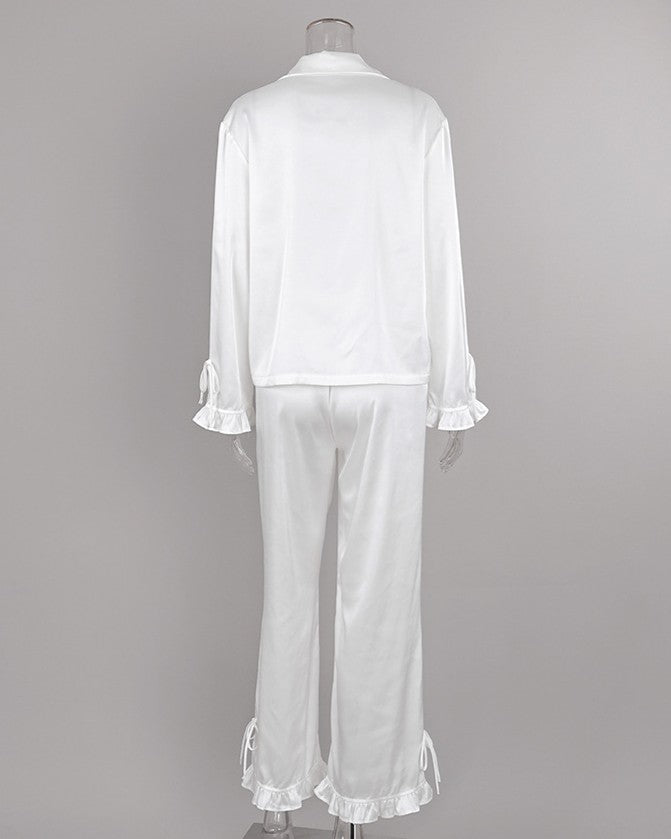 Satin Ruffle Cuff Pajama Set With Bow Ties - White - 1