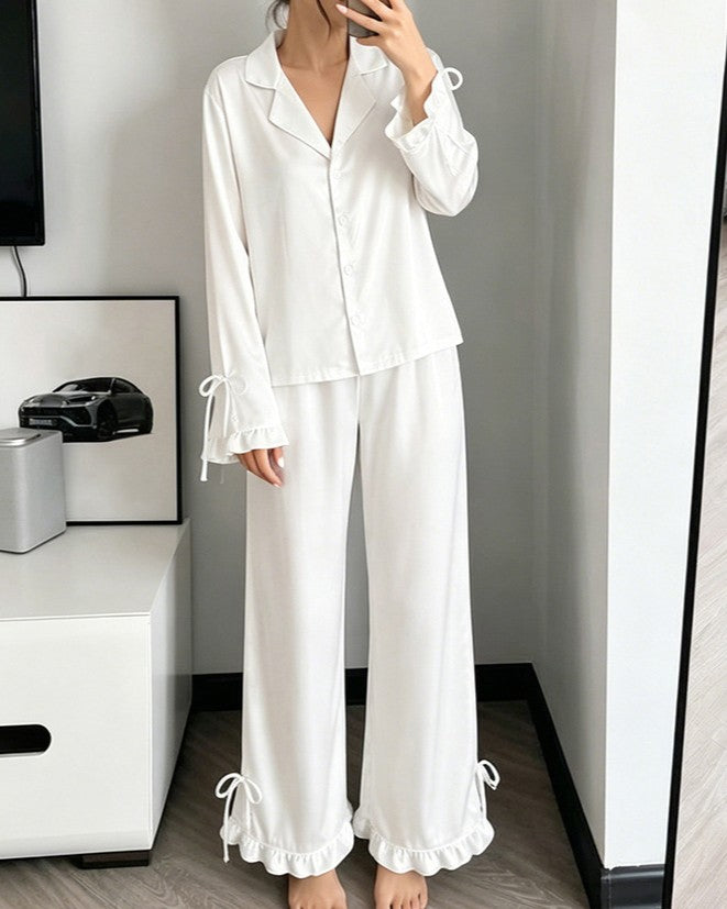 Satin Ruffle Cuff Pajama Set With Bow Ties