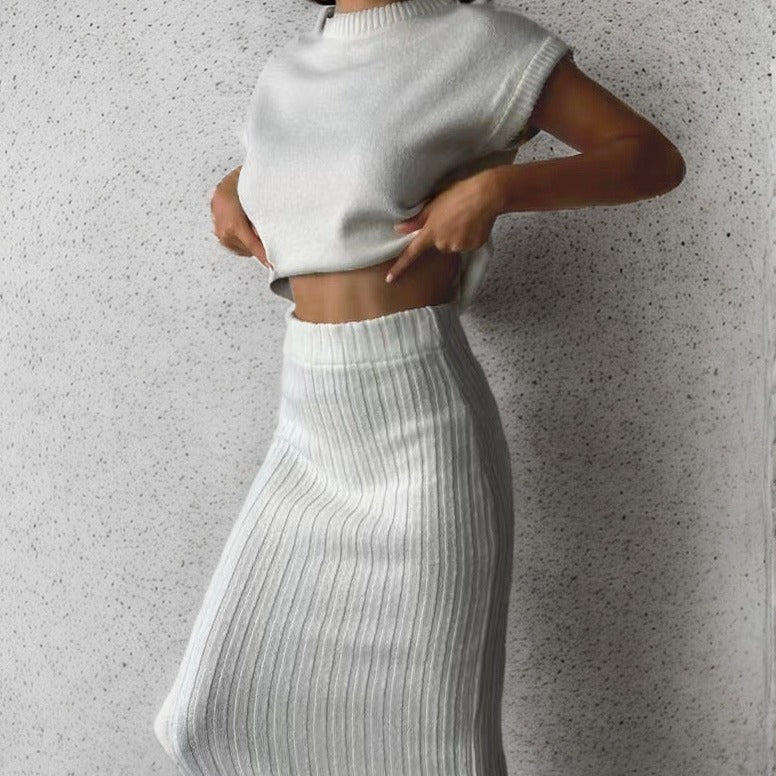 Cap Sleeve Knit Top And Midi Skirt Set - White