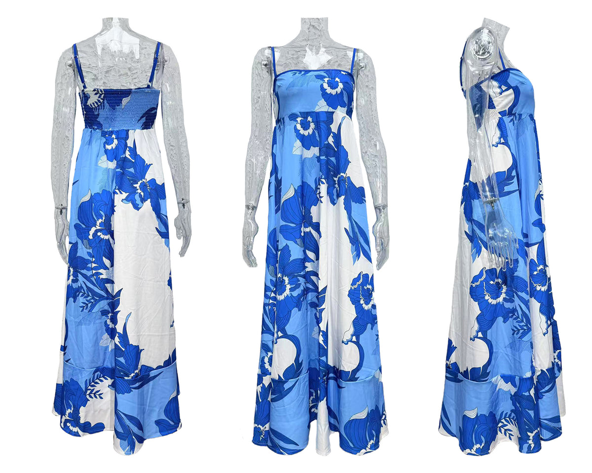 Watercolor Floral Tiered Maxi Cami Dress - Blue