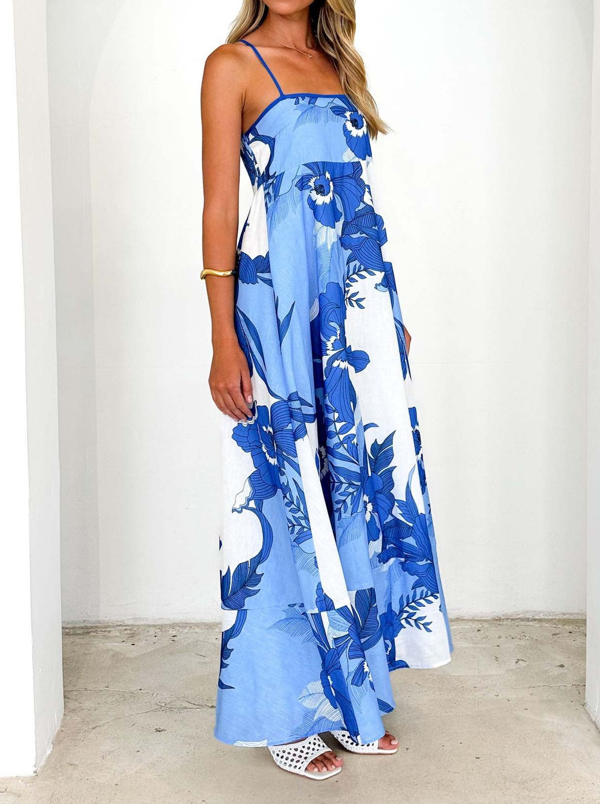 Watercolor Floral Tiered Maxi Cami Dress - Blue - 1