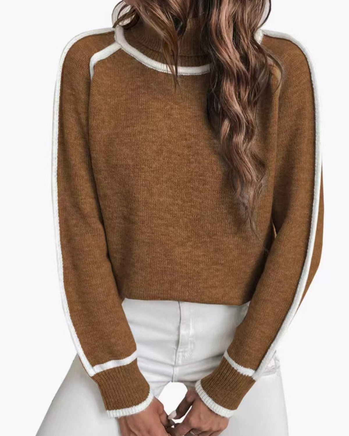 Contrast Piping Turtleneck Knit Sweater - Brown