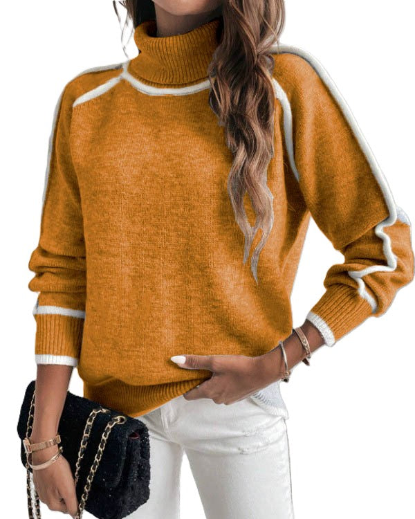 Contrast Piping Turtleneck Knit Sweater - Caramel