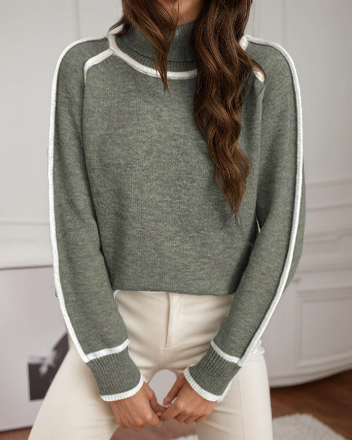 Contrast Piping Turtleneck Knit Sweater - Green