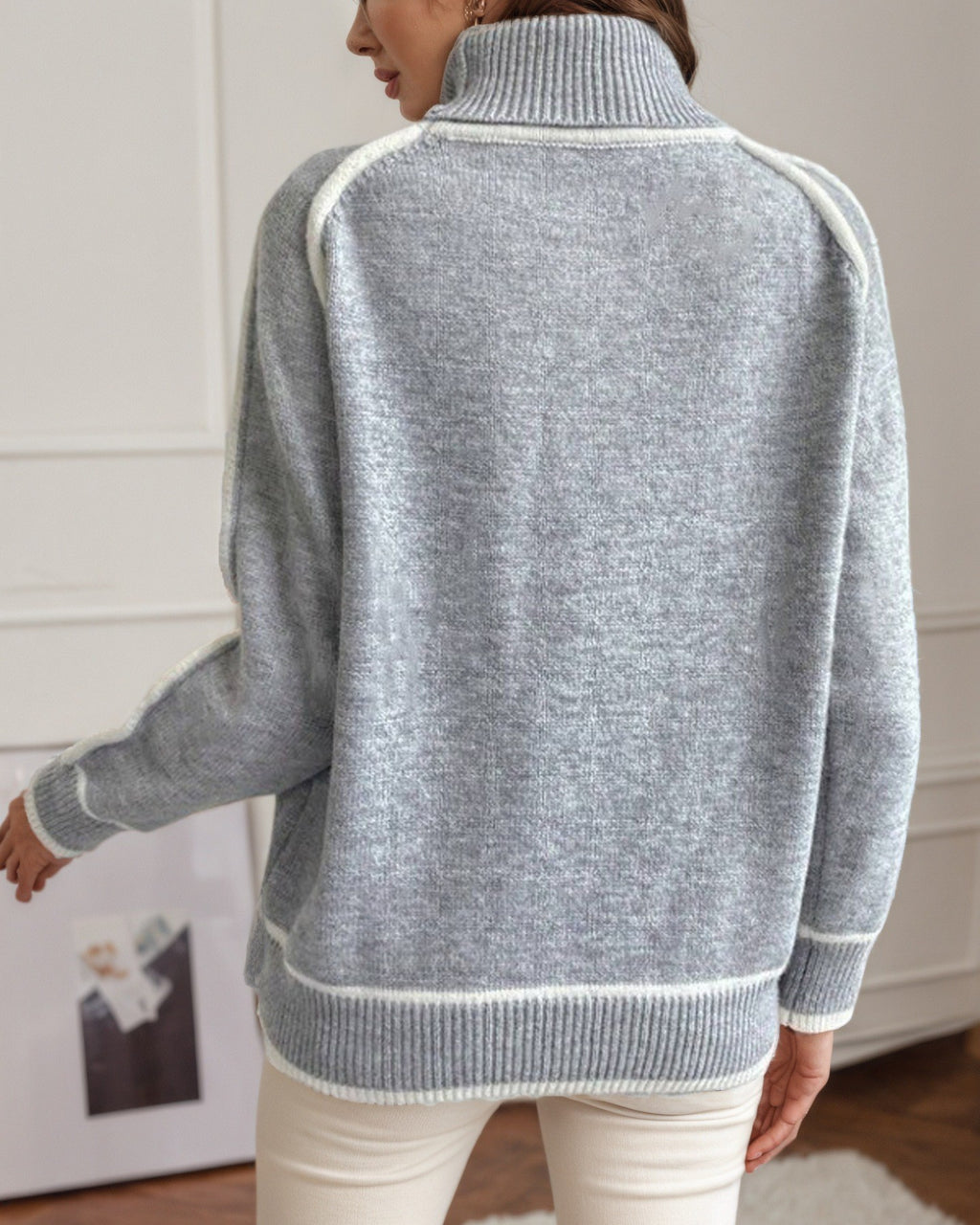 Contrast Piping Turtleneck Knit Sweater - Grey - 2