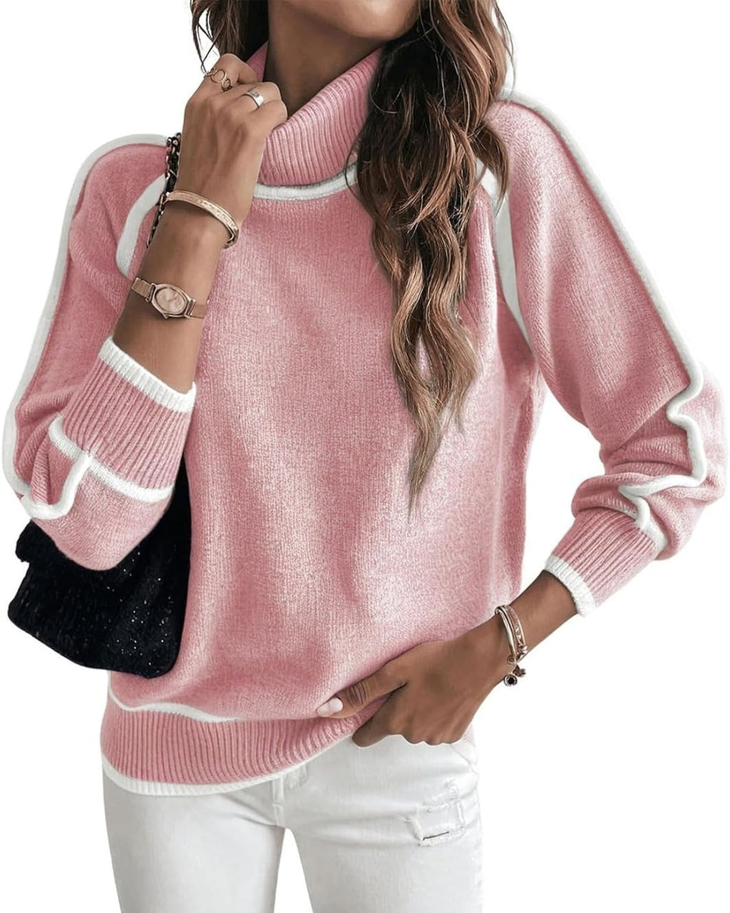 Contrast Piping Turtleneck Knit Sweater - Pink