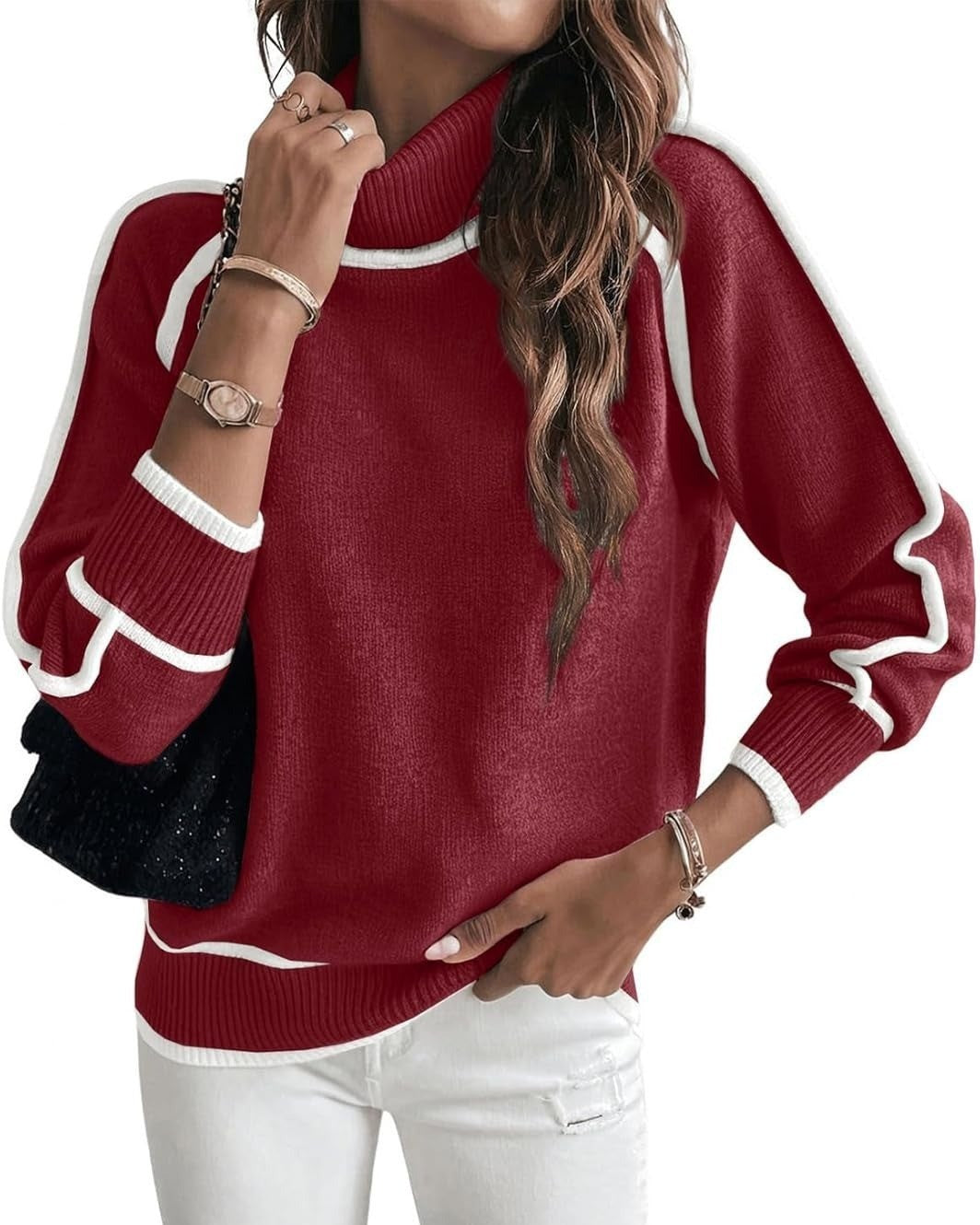 Contrast Piping Turtleneck Knit Sweater - Red