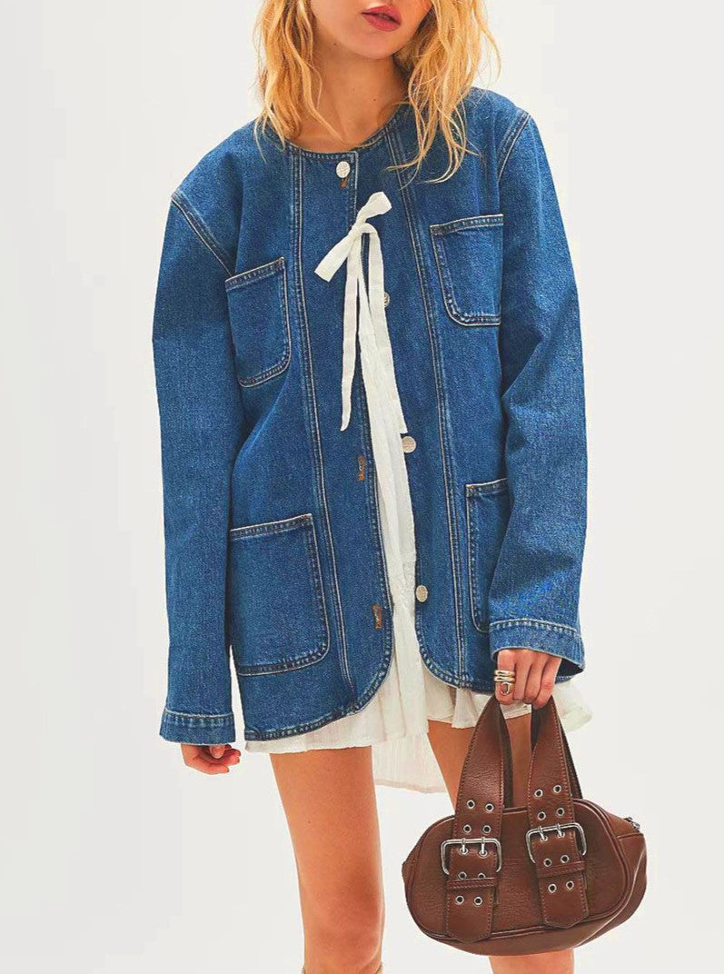 Collarless Oversized Denim Chore Jacket - Blue
