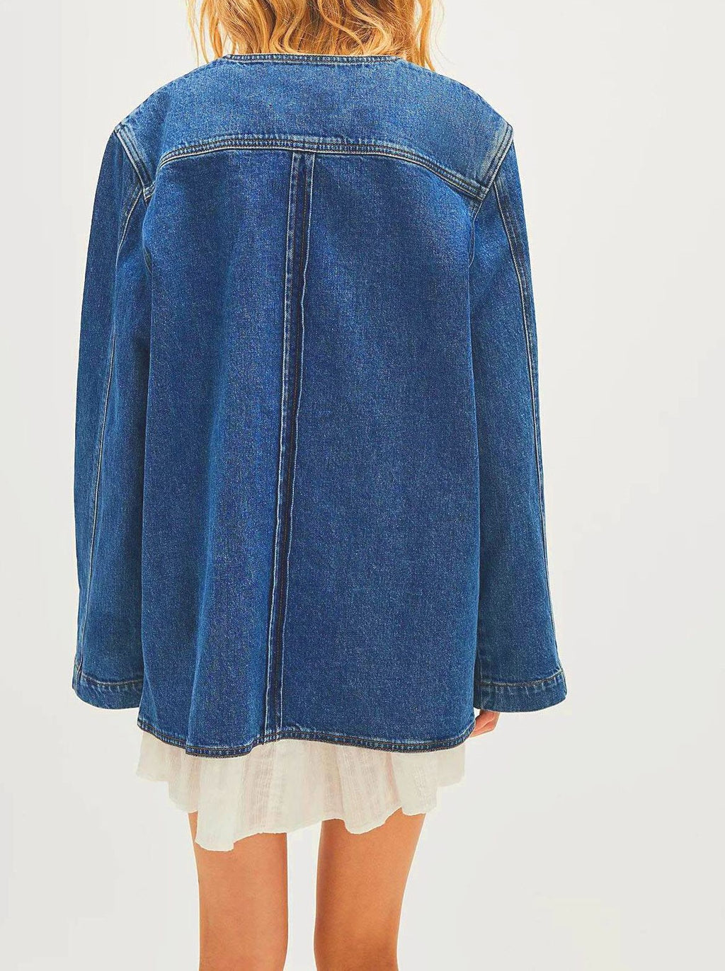 Collarless Oversized Denim Chore Jacket - Blue - 1