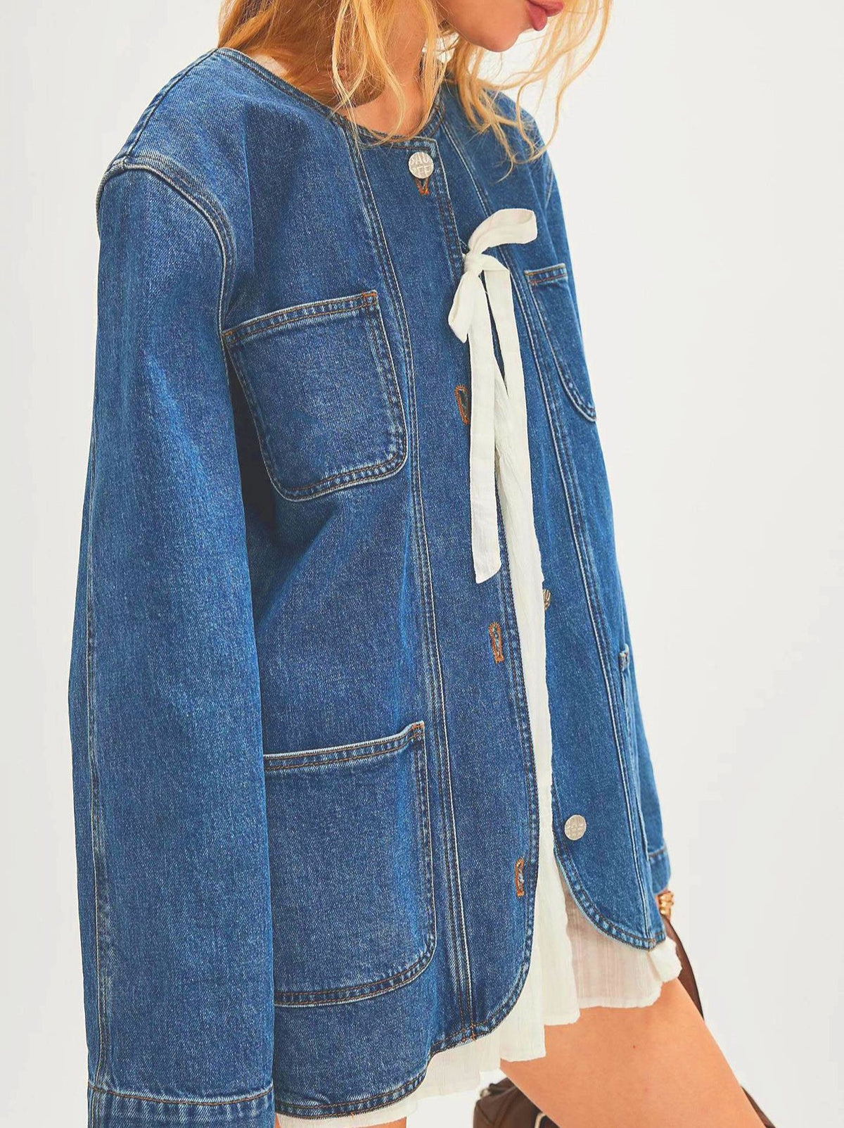 Collarless Oversized Denim Chore Jacket - Blue - 2