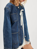 Collarless Oversized Denim Chore Jacket - Darkblue