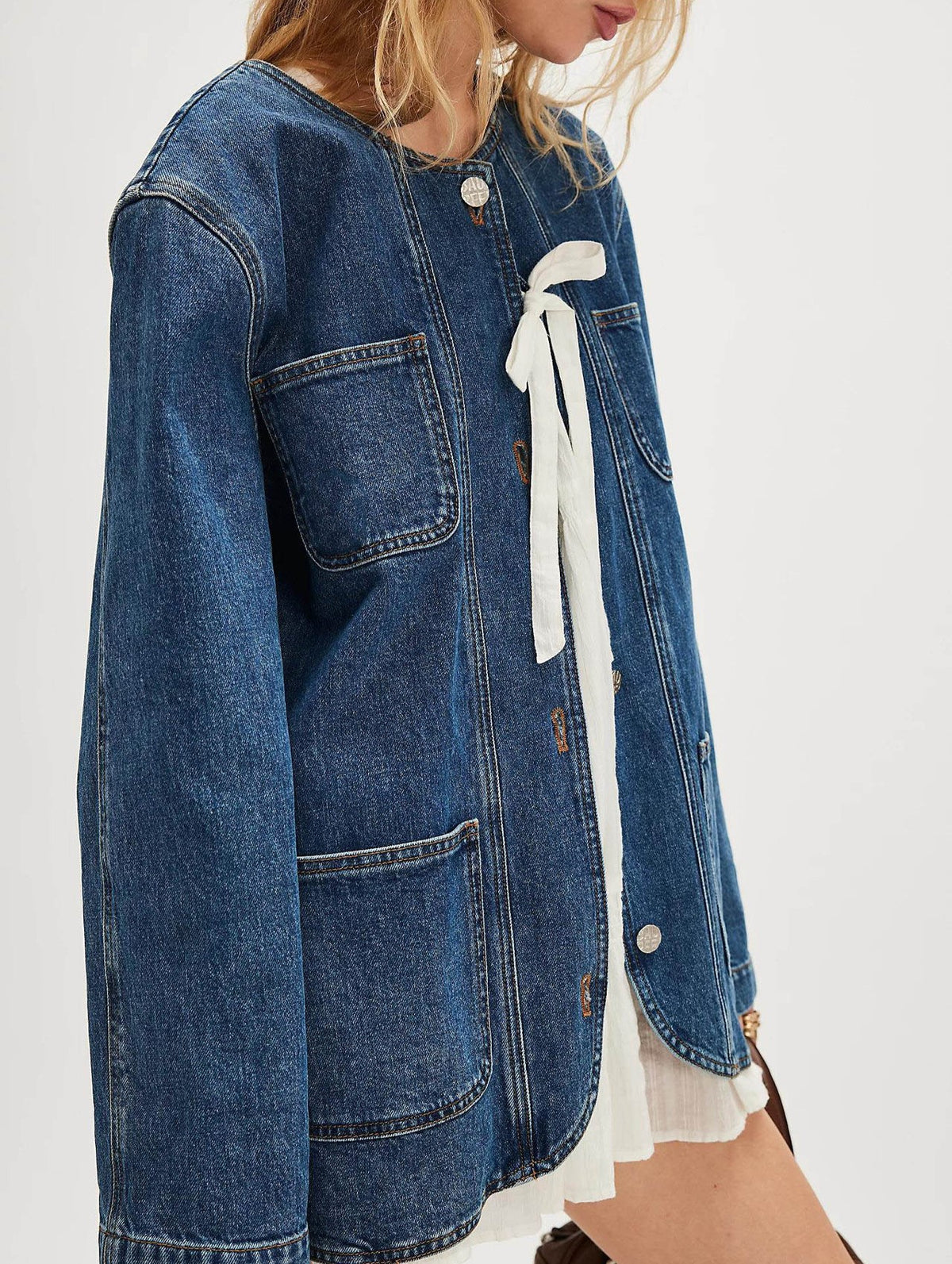 Collarless Oversized Denim Chore Jacket - Darkblue