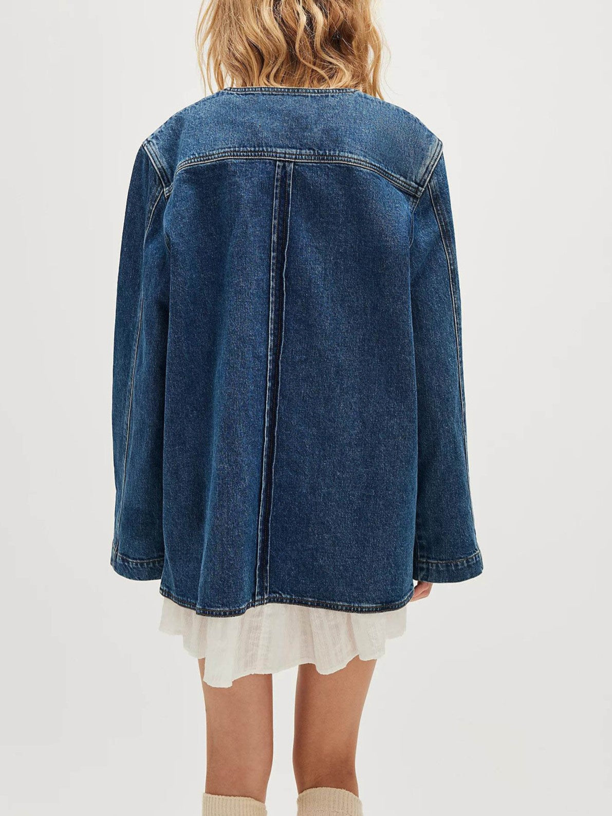 Collarless Oversized Denim Chore Jacket - Darkblue - 1