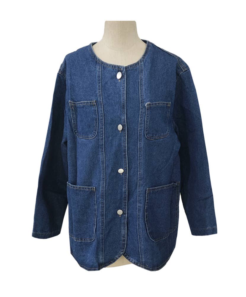 Collarless Oversized Denim Chore Jacket