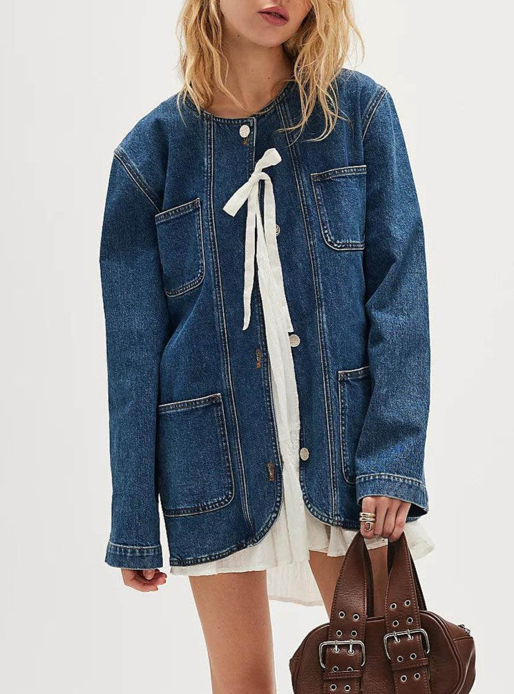 Collarless Oversized Denim Chore Jacket - view 1