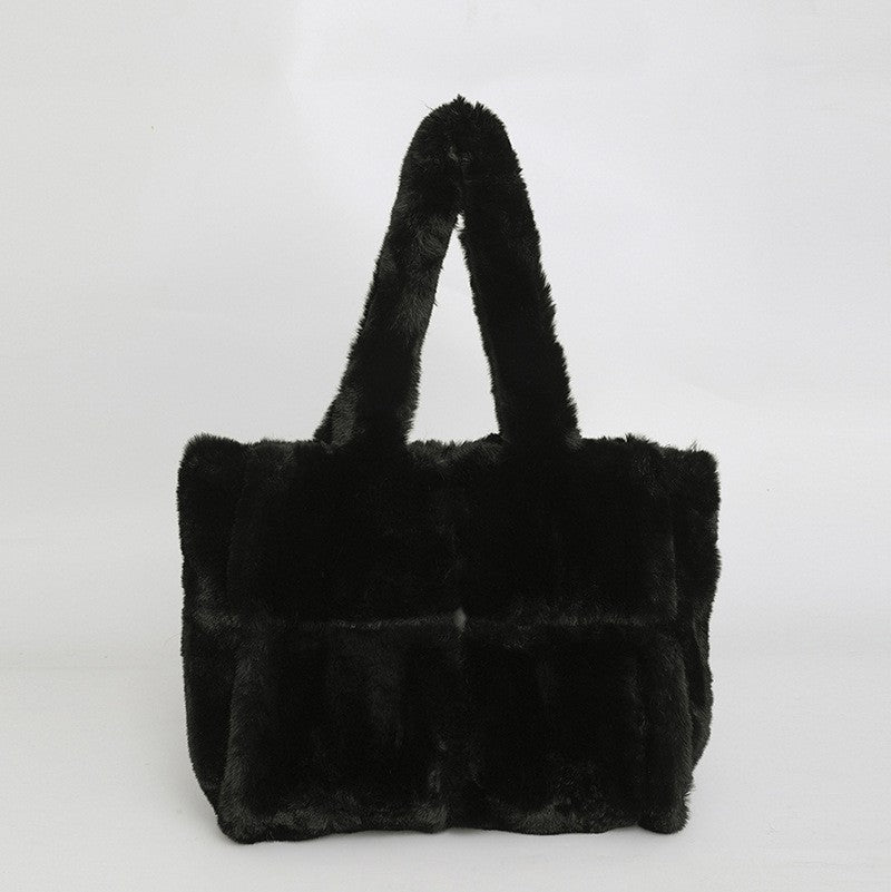 Plush Faux Fur Patchwork Tote Bag - Black