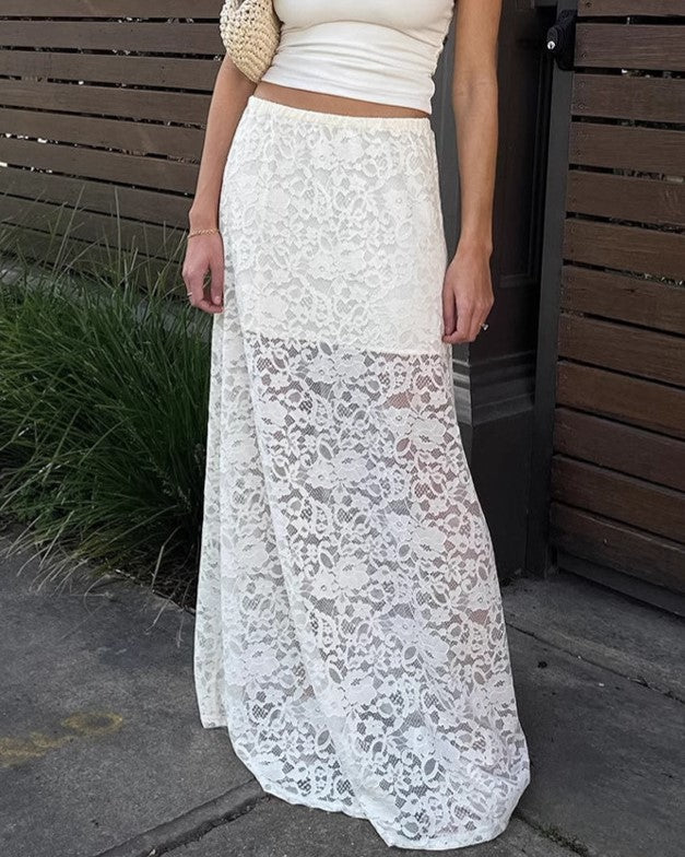 Floral Lace Sheer Maxi Skirt - White