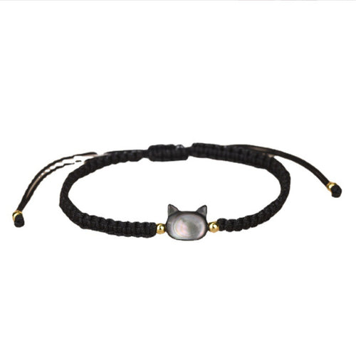 Adjustable Cat Charm Braided Cord Bracelet - Black