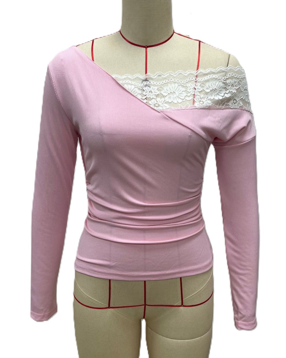 Lace Panel Ribbed Knit One Shoulder Long Sleeve Top - Pink