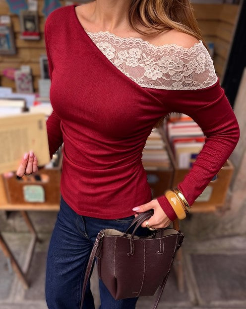 Lace Panel Ribbed Knit One Shoulder Long Sleeve Top - Red