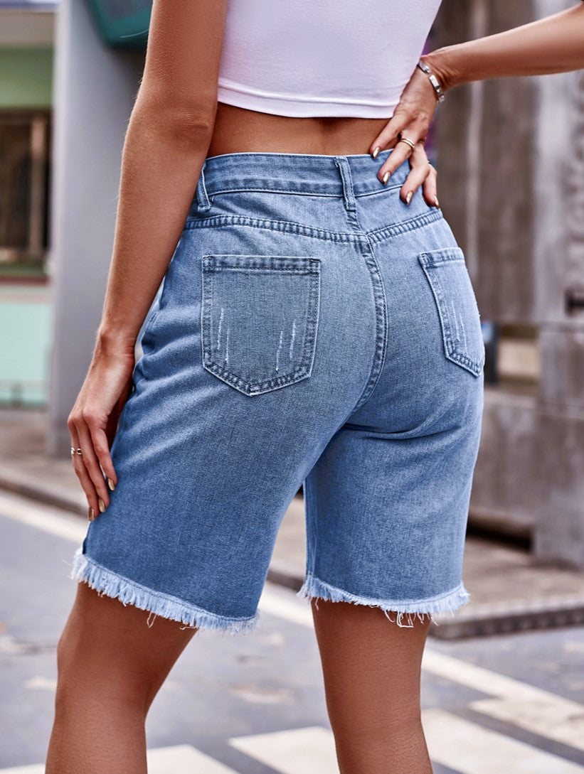 Frayed Hem Longline Denim Bermuda Shorts - Blue - 4