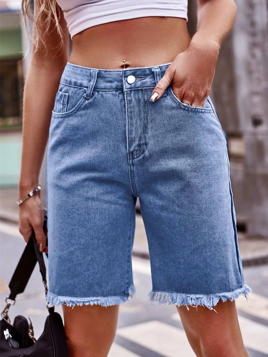 Frayed Hem Longline Denim Bermuda Shorts