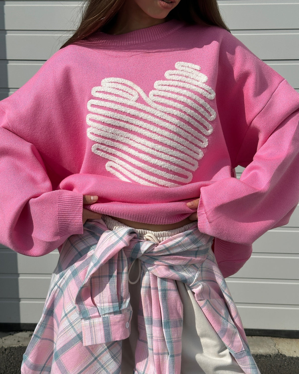 Scribble Heart Oversized Crewneck Knit Sweater - RoseRed