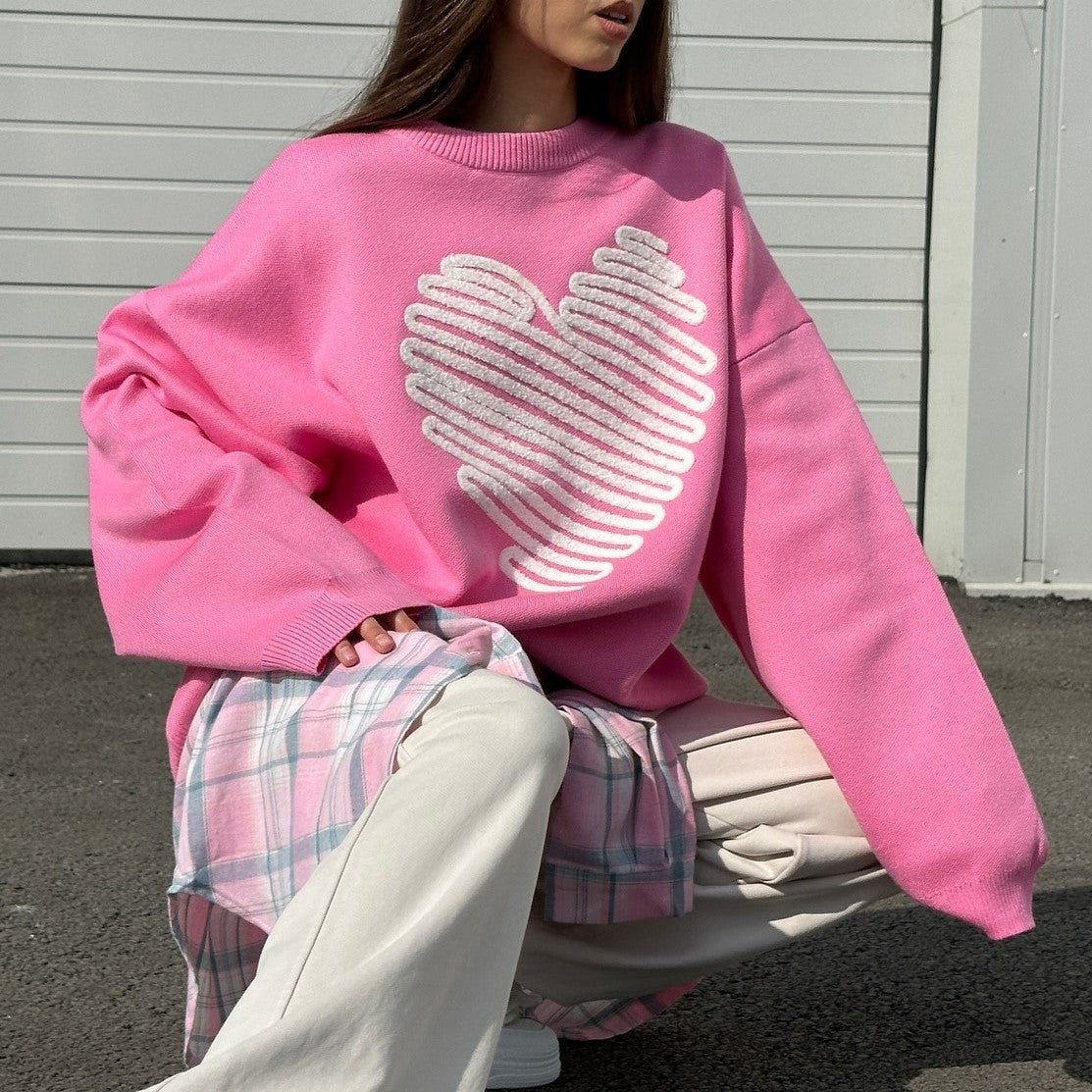 Scribble Heart Oversized Crewneck Knit Sweater - RoseRed - 1