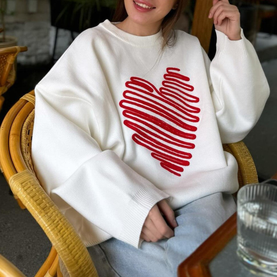 Scribble Heart Oversized Crewneck Knit Sweater - White