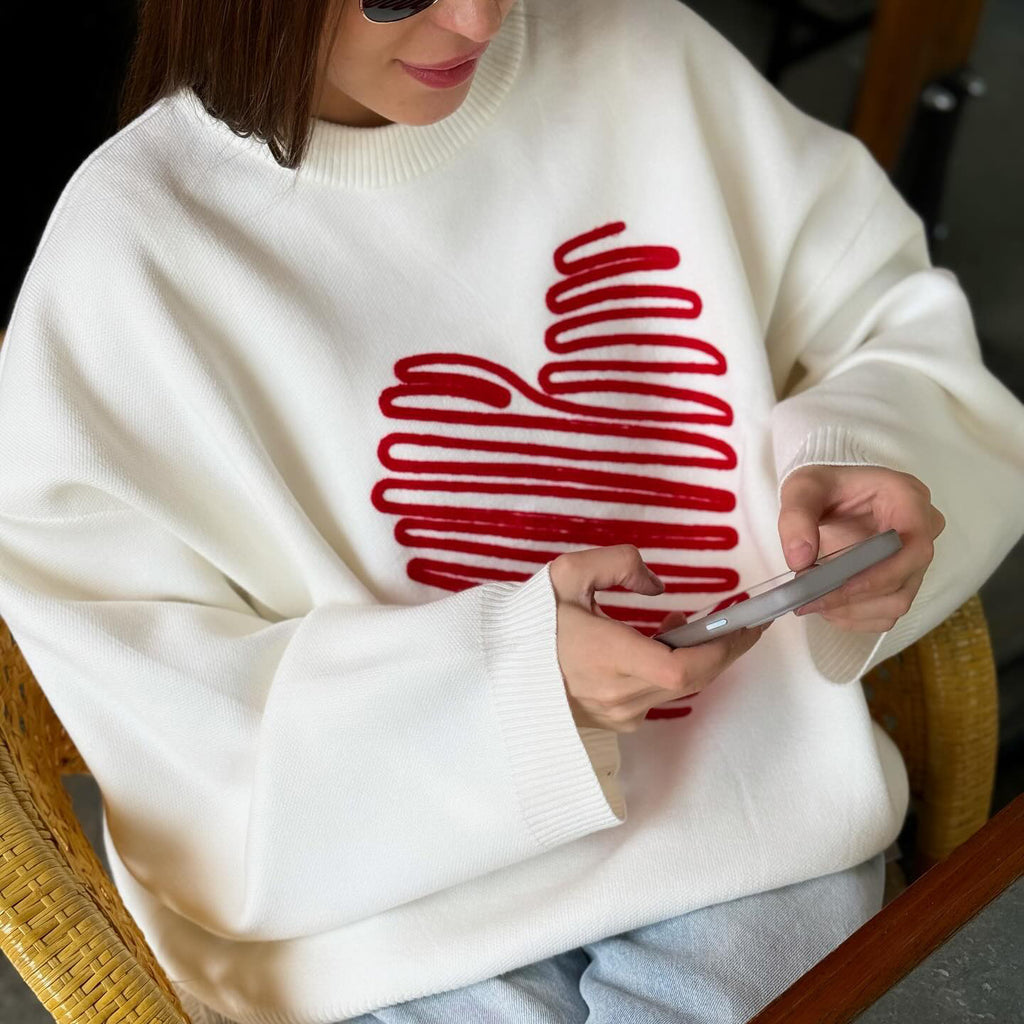 Scribble Heart Oversized Crewneck Knit Sweater - White - 1