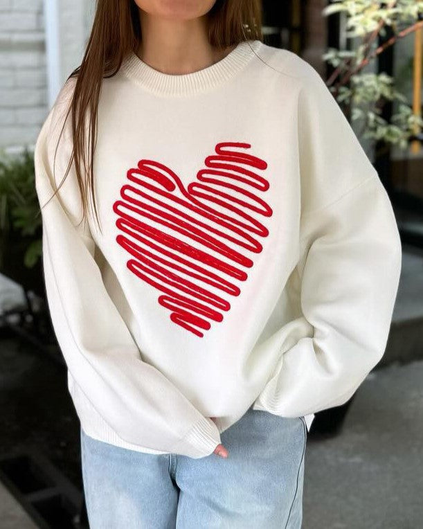 Scribble Heart Oversized Crewneck Knit Sweater - White - 2