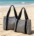 Vertical Stripe Canvas Shoulder Tote Bag - Black