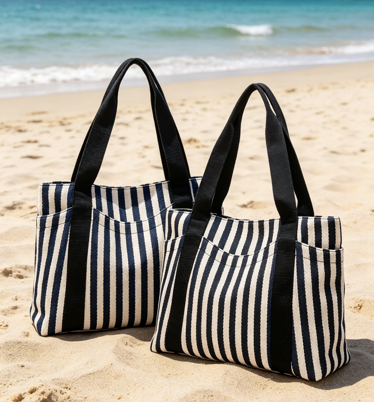 Vertical Stripe Canvas Shoulder Tote Bag - Black