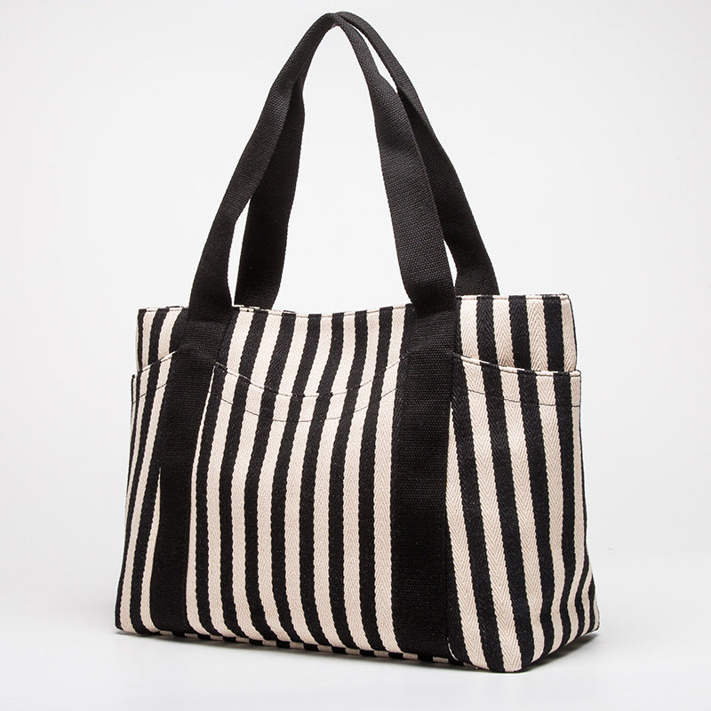 Vertical Stripe Canvas Shoulder Tote Bag - Black - 1