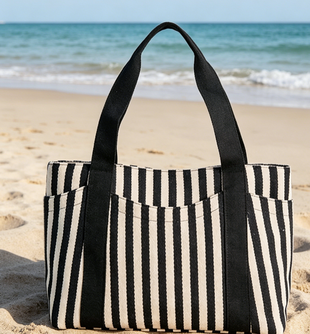 Vertical Stripe Canvas Shoulder Tote Bag - Black - 2